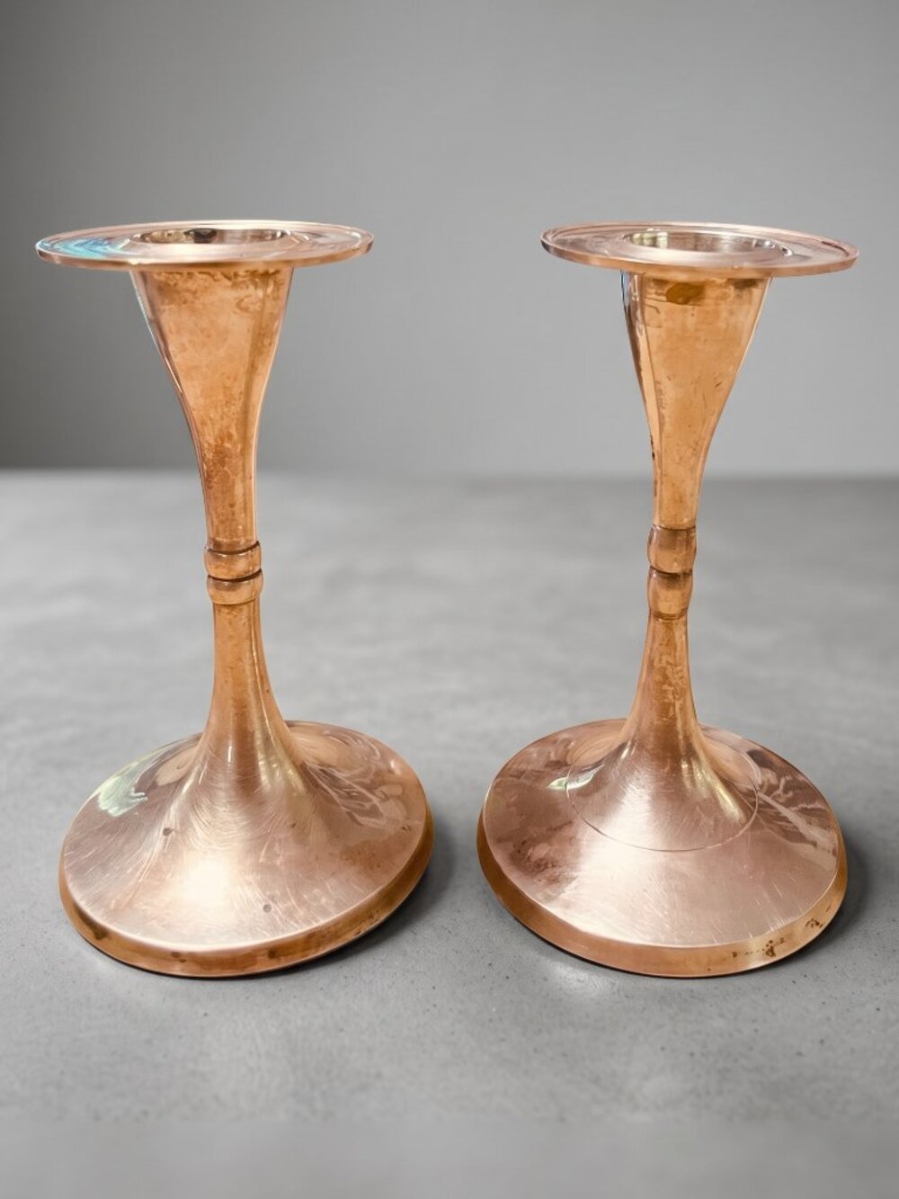 Vintage 1960s French Brass Trumpet Candlestick Holders Pair 4.24” MCM